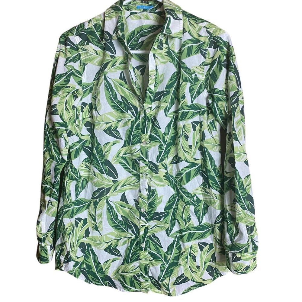 J McLaughlin Green Tropical Leaf Button Up Shirt Resort Blouse S